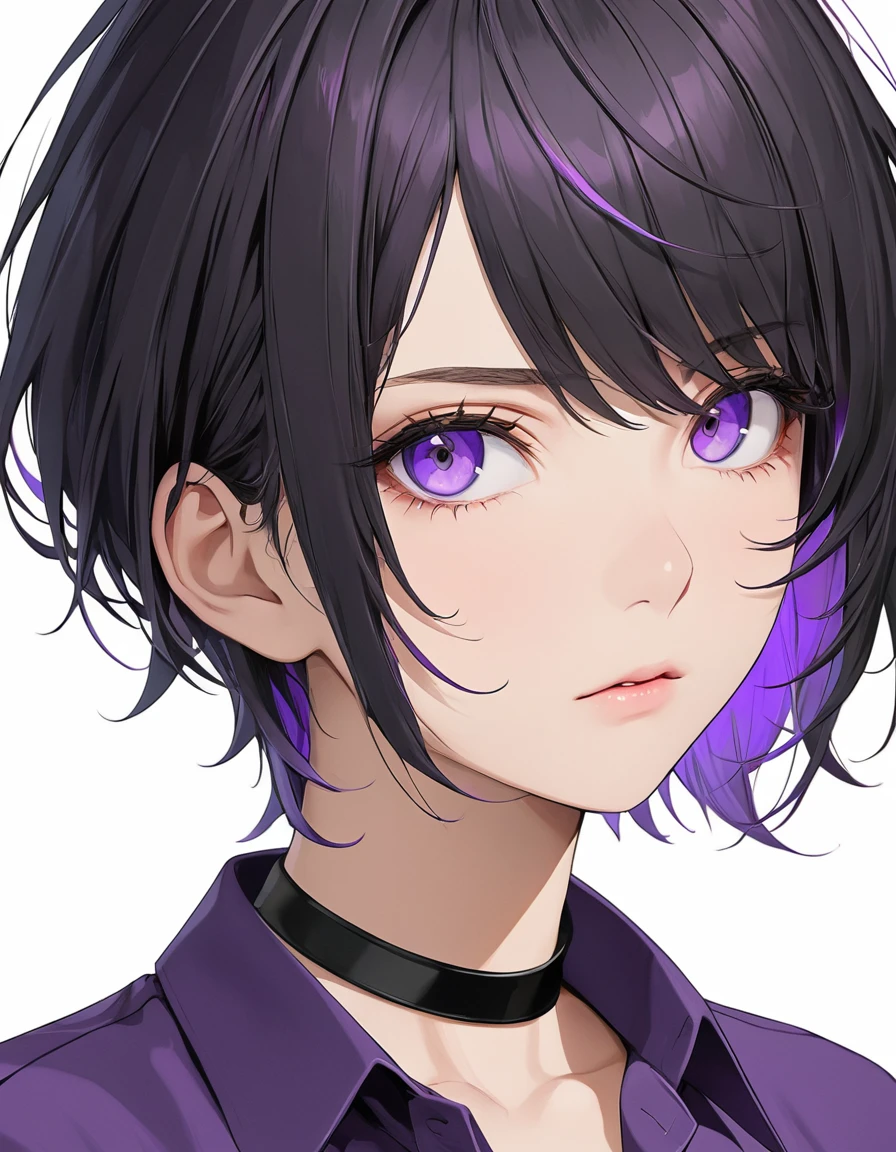 High-resolution anime digital art, Masterpiece, upper body, tomboy, mature, sexy, smart, short hair color pitch black, real detail eyes pupil purple, long purple plain shirt, black chokers, flat face (simple background, white background)