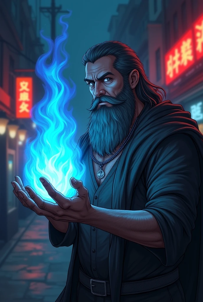 Side view of A men with beard anime style holding blue fire in his hand looking at the side