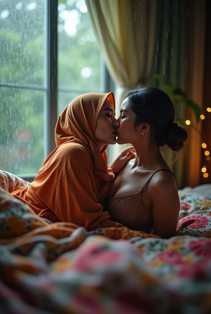 beautiful hijab indonesian lesbian girl laying down,bra and panties,hugging,french kiss,breast grope,view from far,,raining,front view ,medium breast hijab