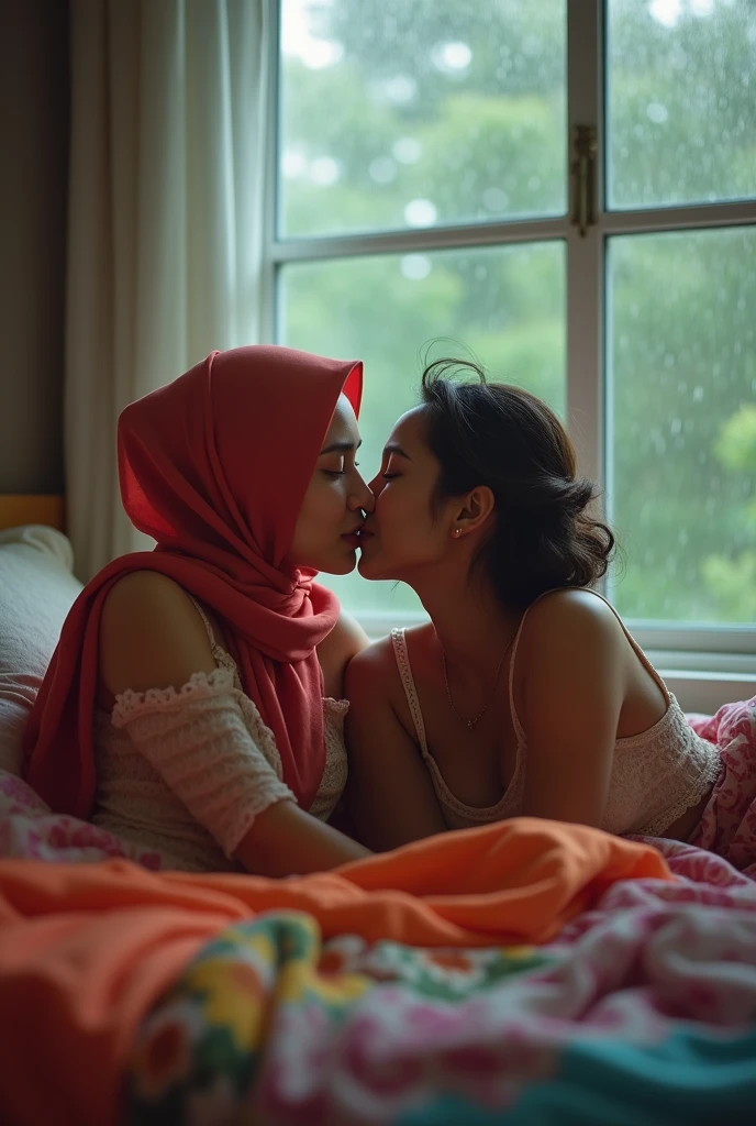 beautiful hijab indonesian lesbian girl laying down,bra and panties,hugging,french kiss,breast grope,view from far,,raining,front view ,medium breast hijab 