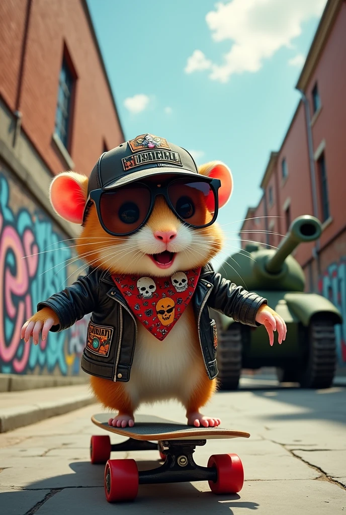 Cute hamster, cartoon,on scateboard ,bandana ,skull,punisher, tank in Background ,street ,leather jacket ,Baseball brat ,baseball Cap, sunglasses ,grafitti ,urban,mystical