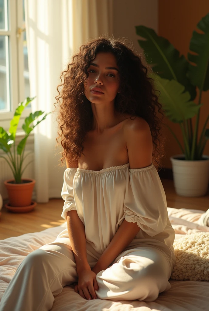 (photorealism:1.2), beautiful woman, sitting on bed, wearing loose off-shoulder top, pajama pants, long curly hair, indoors, soft lighting, plants in background, window with sunlight, cozy room, relaxed pose, realistic, intricate details, warm colors, by Greg Rutkowski, by Alphonse Mucha
