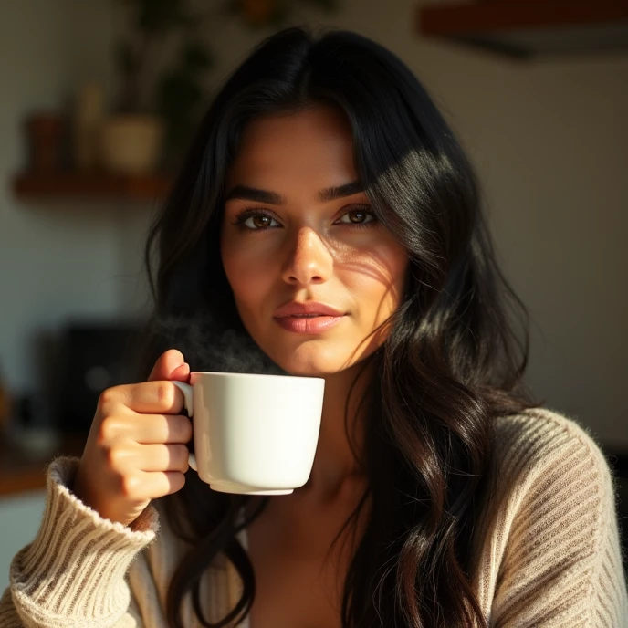 Gere uma foto de uma mulher tomando café de manhã, 20 years old, black long hair, brown eyes, beautiful detailed eyes, beautiful detailed lips, extremely detailed face, longeyelashes, model, brazilian, high fashion, photoshoot, natural lighting, warm color tones, cinematic, highly detailed, 4k, best quality, ultra-detailed, realistic, photorealistic, sharp focus, vivid colors, professional photography
