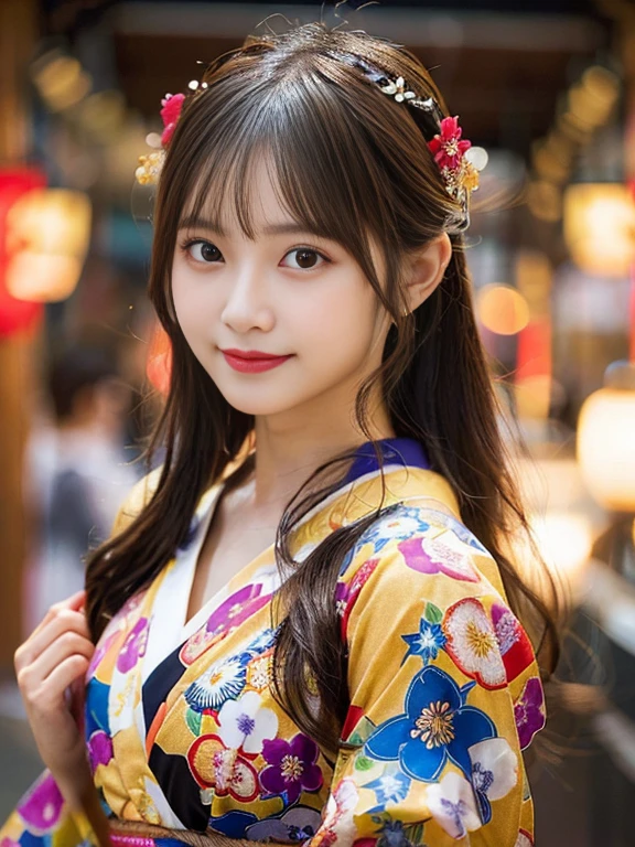 beautiful woman wearing yukata at summer festival, hyper realistic, 8k, highly detailed, photorealistic, intricate details, studio lighting, cinematic lighting, volumetric lighting, vibrant colors, warm color palette, beautiful long black hair, gorgeous smile, deep brown eyes, flawless skin, figure, elegant pose, sensual, glamorous, graceful, cinematic atmosphere, soft bokeh background