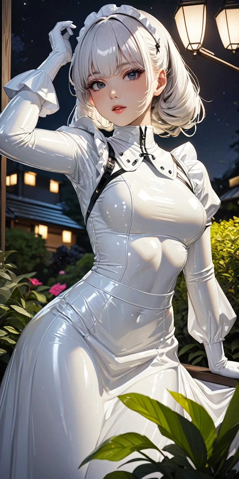 Portraiture、(masterpiece,Highest quality,Ultra-high resolution),Japanese women, (((A very beautiful 25 year old))),(White latex maid outfit)、(White latex tight long skirt)、(A long-sleeved white latex shirt covering the upper body)、White latex long gloves、White latex socks、Latex bodysuit、Latex is very shiny、Dark garden at night、