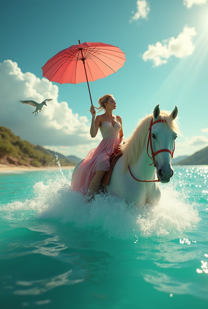 there is a woman riding a horse in the water with a parasol, a portrait by Scott M. Fischer, trending on cg society, samikshavad, still from a fantasy movie, portrait of modern darna, stunning vfx, vfx, woman riding a flying unicorn, 8 k movie still, still from the movie, promotional movie still