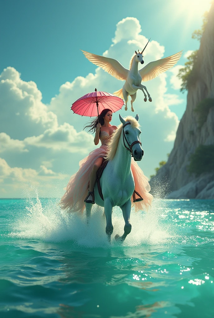 there is a woman riding a horse in the water with a parasol, a portrait by Scott M. Fischer, trending on cg society, samikshavad, still from a fantasy movie, portrait of modern darna, stunning vfx, vfx, woman riding a flying unicorn, 8 k movie still, still from the movie, promotional movie still