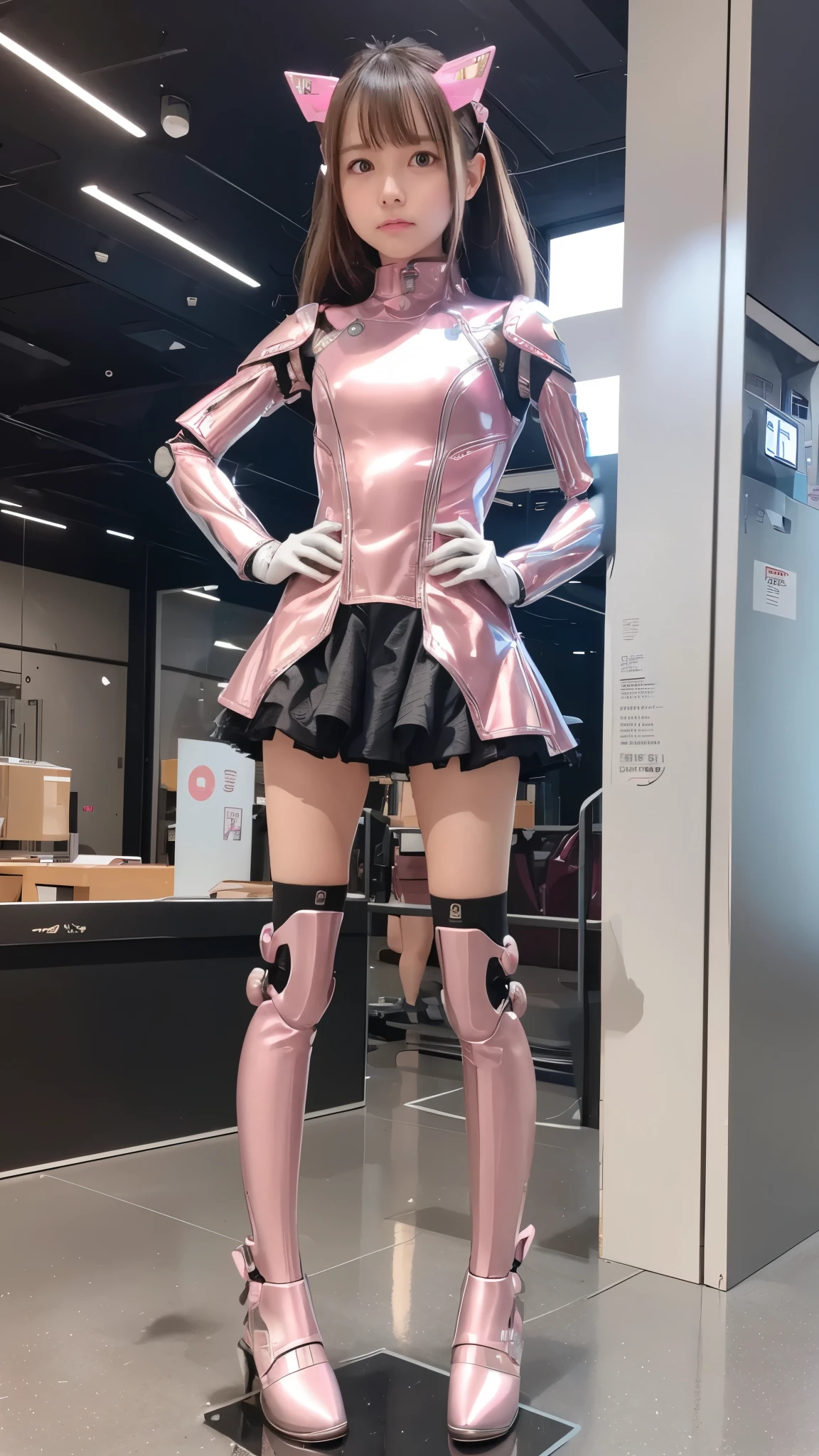 Robot Girl, pink there, Silver, Metallic body, Robot Parts, Metal Parts, Super Detailed Face, Super well-formed face, of the highest quality, a small face, a small head, Brown hair, Slender body, Camera gaze, Internal Mechanical Exposure, Idol, front facing, Well-proportioned body, sale, Exhibited, Event Hall, Moe Pose, pink metallic ta dress machine armor, Standing with legs open, Model body type, sad, Embarrassing,(Perfect Robot Girl),(Perfect machine body)