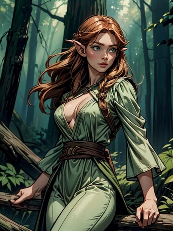 Tauriel, the woodland elf from The Hobbit movie, best quality, ultra-detailed CG unity 8k wallpaper, floating, high resolution, dynamic pose, beautiful face, pale white skin, dark red hair, braided, (green eyes:1.2, dark green tunic, brown sleeves, tight grey pants), depth of field, white forest, golden leaves, magic light), slim body, deep cleavage, tight bust, looking at viewer