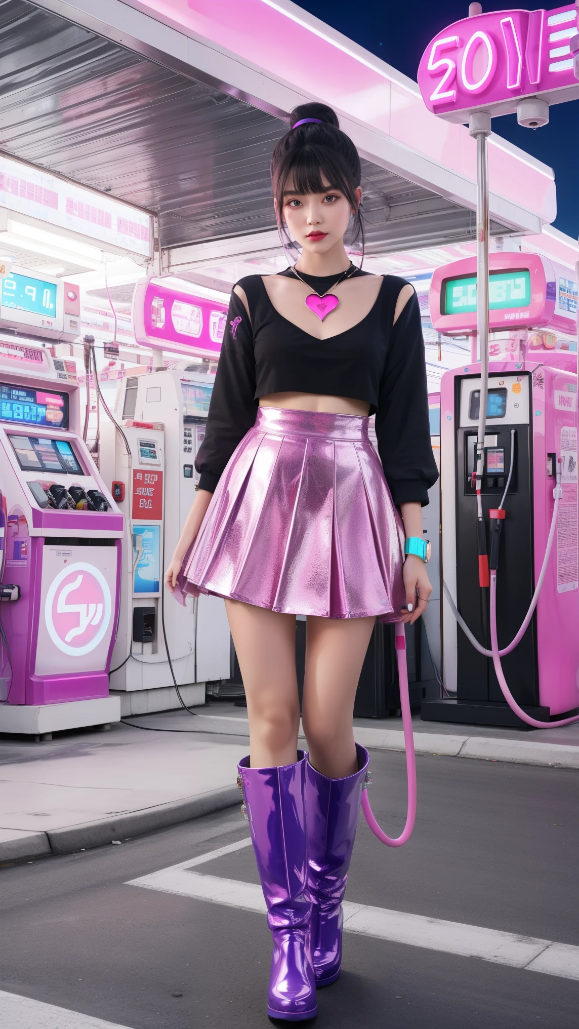 futuristic young woman, The dazzling costume、in a surreal atmosphere々Standing, Neon lights shine at the gas station. Gasoline pump, adorned with star, Floating in the air, The hose swings playfully. Vibrant pink and purple hues spread, Creates a surreal and otherworldly atmosphere, Monitiered layered skirt, Pink Boots, White pink heart print top, Unusual fashion choices, Black low ponytail with bangs