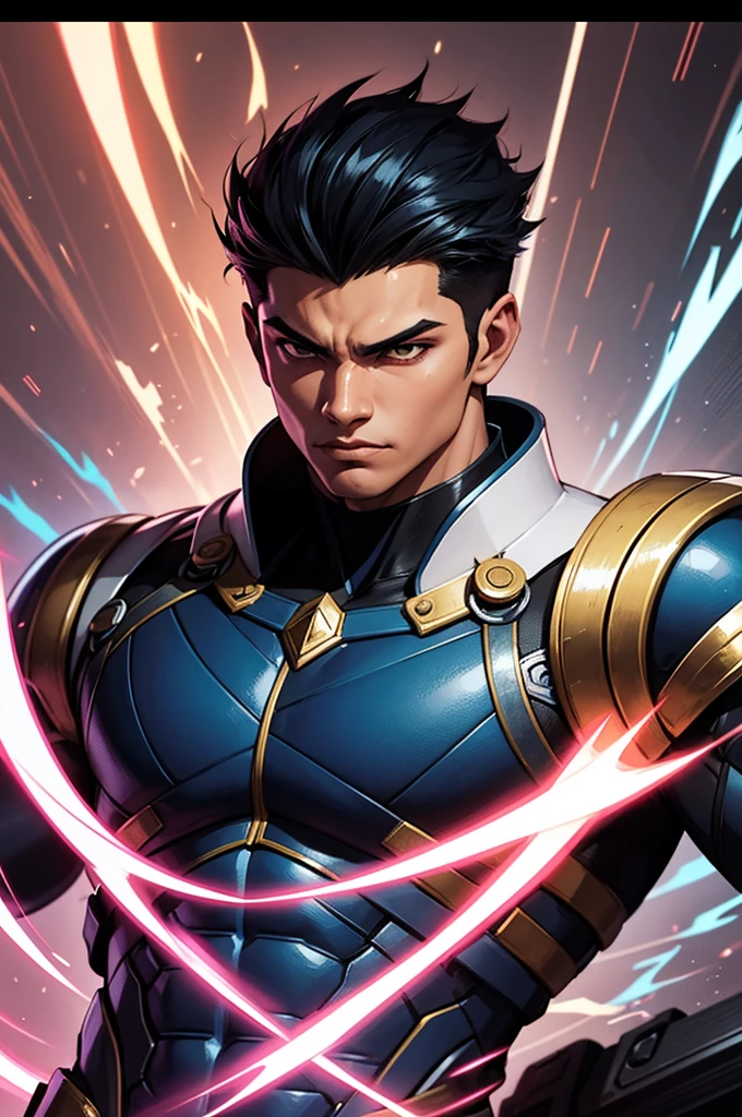 Create a dynamic illustration of a teenage Malay superhero named Arjuna. He has a modern, casual outfit with sleek lines and subtle tech elements. His power is adaptation to anything, so depict him with an aura of shifting energy or patterns that show his ability to adjust to various environments. He should have a determined and confident expression. Use vibrant colors and bold lines to highlight his abilities.