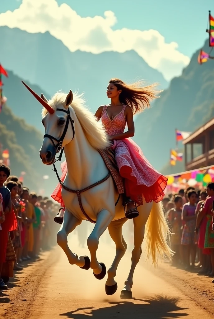 woman riding a horse in a parade with a lot of people, a portrait by Edward Corbett, shutterstock, samikshavad, a still of a happy, still from a fantasy movie, still image from the movie, still from the movie, woman riding a flying unicorn, still from a live action movie, film still from the movie, 8 k movie still, nepal