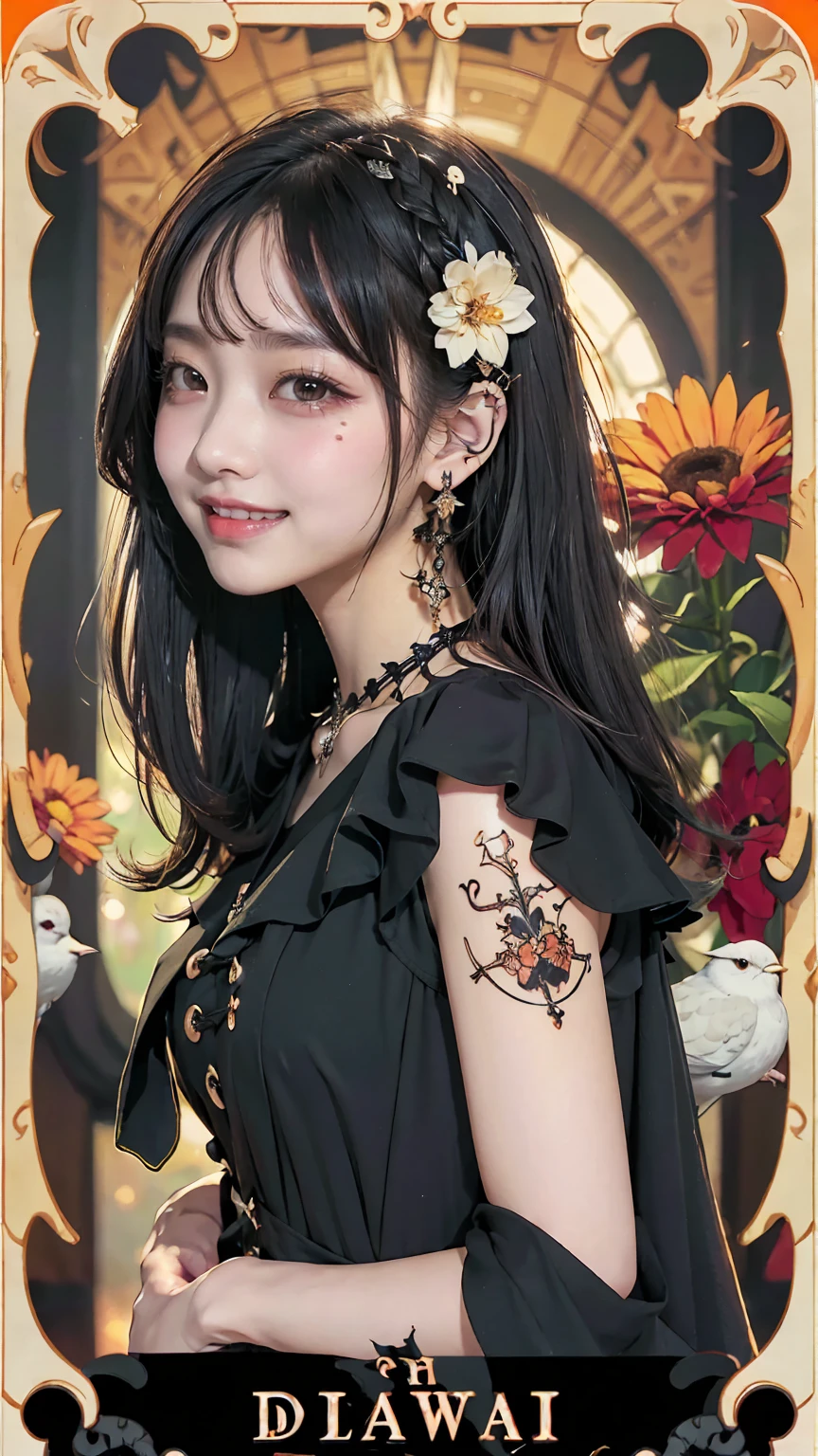 Realistic、masterpiece、Highest quality、Highest quality、Tarot Card Style、Background with colorful flowers and birds、One Woman、Devilish image、Upper body photo、Gothic punk costumes、(Black Hair, Long Hair:1.2)、Natural Makeup、Draw lots of eyelashes、Deep orange blush、profile、Grin, Showing teeth、cheeks turn a little red