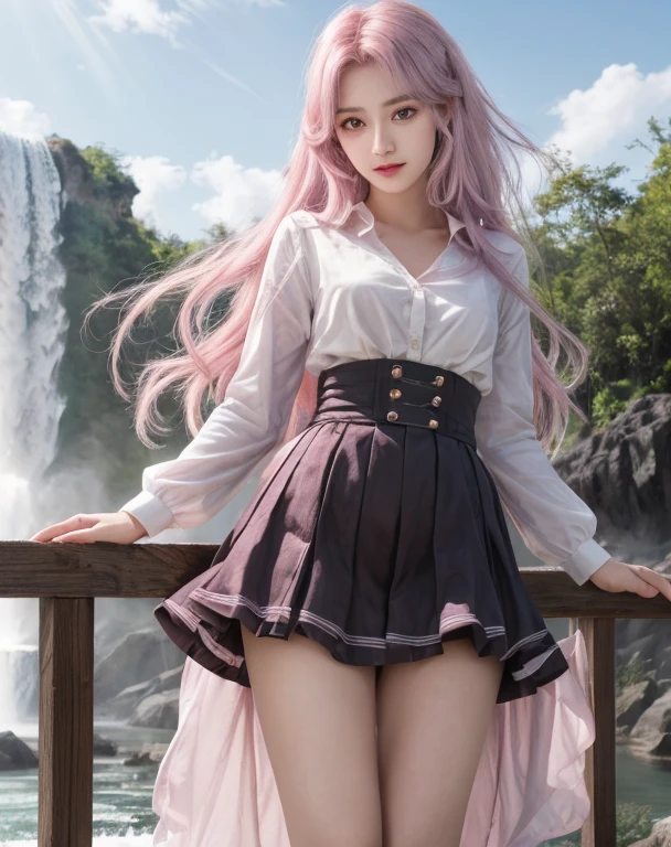 Beautiful realistic girl with long pink hair standing on a bridge near a waterfall, Beautiful realistic girl, seductive beautiful girl, Cute girl in beautiful clothes, beautiful girl with long hair, attractive beautiful girl, Young God, pretty beautiful girl, Beautiful seductive realistic woman, beautiful girl, Beautiful realistic woman, Smooth and realistic, young beautiful girl, Beautiful realistic high school girl, detailed Purple Eyes, Purple Eyes, Light pink hair, light Purple Eyes,