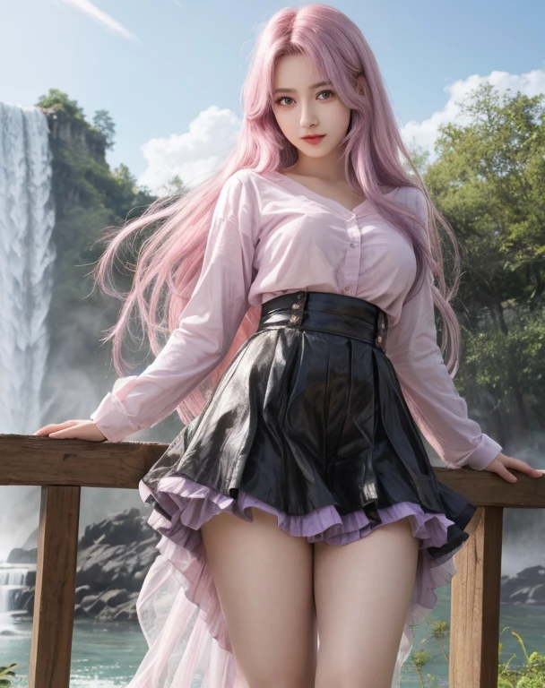 Beautiful realistic girl with long pink hair standing on a bridge near a waterfall, Beautiful realistic girl, seductive beautiful girl, Cute girl in beautiful clothes, beautiful girl with long hair, attractive beautiful girl, Young God, pretty beautiful girl, Beautiful seductive realistic woman, beautiful girl, Beautiful realistic woman, Smooth and realistic, young beautiful girl, Beautiful realistic high school girl, detailed Purple Eyes, Purple Eyes, Light pink hair, light Purple Eyes, 