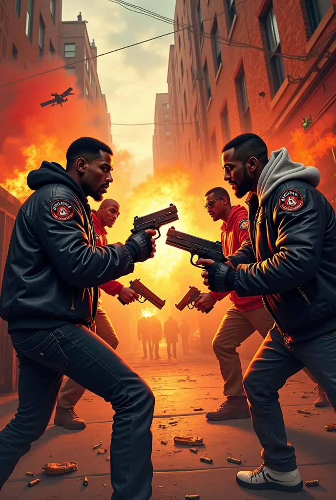 Make a thamnail for youtube two gangs fights with guns with fire