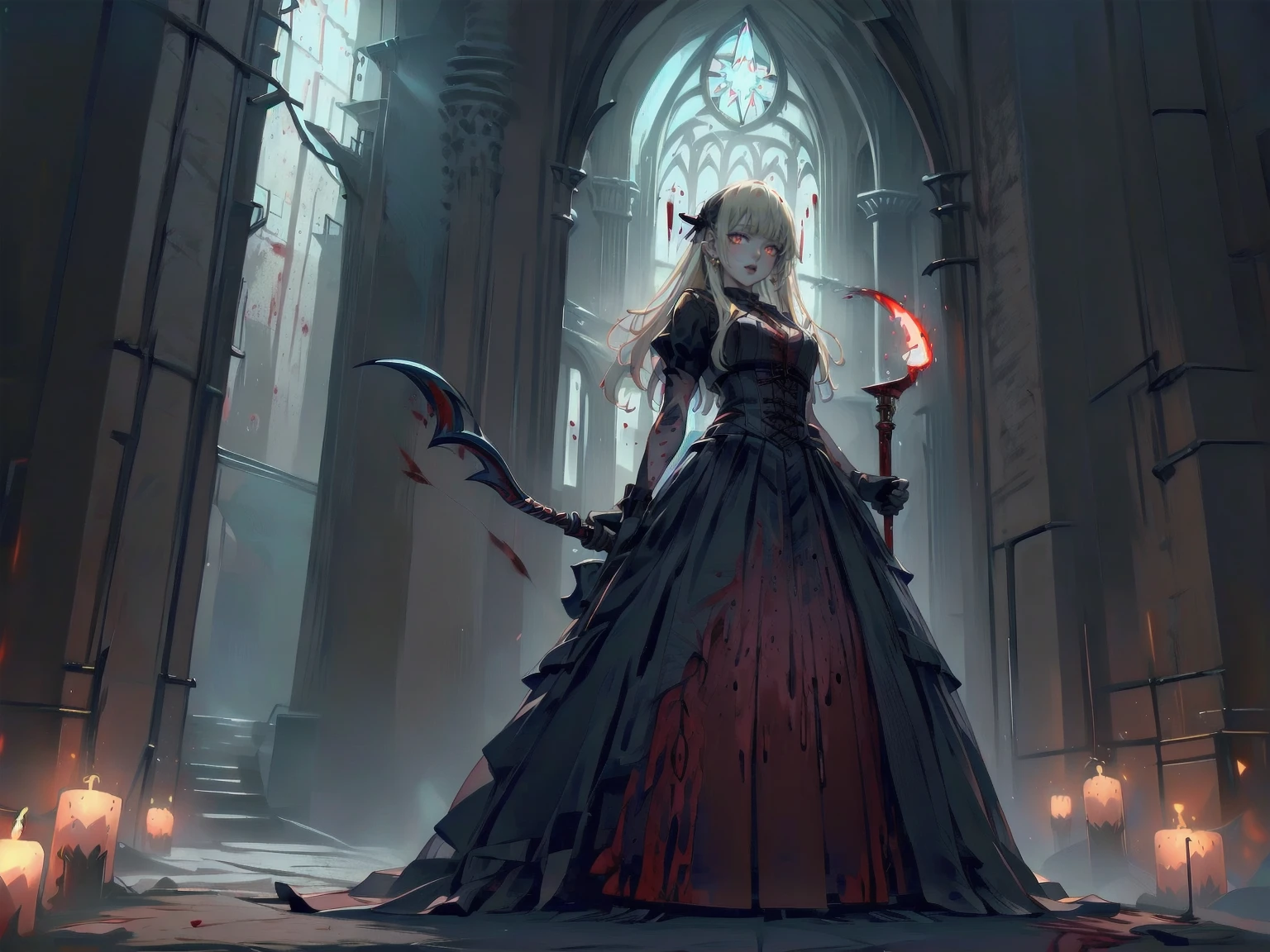 beautiful girl、とてもcute天使、Pink T-shirt、cute、Baby Face、smile、Long skirt、Black long boots、.(Highest quality,4K,High resolution,masterpiece:1.2),Very detailed,Realistic:1.37,Spooky altar background,Dark fantasy,Red color scheme,Ominous atmosphere,Eye-catching,Storytelling,anatomy,Anime Style,Concept Art,beautiful細部までこだわった顔と (((Red eyes ))),A terrifying ritual ,Ritual of sacrifice,Premature death,inappropriate behavior,クレイジーなsmile,Scythe Face,Girl Monster, beautiful, Delicate facial features, Sharp Eye, Sharp Fangs, pale skin, Thick chain, Dark Background, Cinema Lighting, Dramatic Shadows, Gothic style, Gloomy atmosphere, Dark fantasy, one person&#39;s, Please open your mouth wide, Open your mouth and baring your teeth,Sharp teeth like a beast, Wide lips, very wide mouth, Vermilion cheeks, ,(Blood splatter:1.4),Scary smile, smile,Angel Design, Twisted smile、Bloody、bleeding from the head,,,,,、Blood splatter、,(Blood splatter:1.4),skull,Horror Style, ((Fantasy Sweet Ta Frill Pink Costume)), ((Flowing blonde hair)), ,(Blood splatter:1.4),Female curves, Sexy flat stomach, Perfect hands, Perfect anime face, (Pink Tata Dress)), Are standing, ((邪悪なsmile)), ,(Blood splatter:1.4), Steam circulates, Moonlight Illumination, night lighting, (Blood splatter:1.6),アニメAngel Design, Twisted smile、Bloody、bleeding from the head,,,,,、Blood splatter、,(Blood splatter:1.4), skull,Gothic architecture、Western architecture、Fantasy World、,Victorian cities, Skeleton Gas Light,Absurd, High resolution、 ((Tabletop)), ((Highest quality)), (Very detailedな), ((Very detailed)), (beautiful), ((cute)), (NFSW:1.8), alone,(10 years old:1.6)、(world&#39;Most terrifying and spooky gothic girl:1.5)beautiful face、Whole Body Ezbian、pale, beautiful肌、beautiful金の髪、優しくsmileむ、Dark building ruins、(snow white&#39;Frill dress:1.3)、(The dark ruins are stained with blood:1.3)、Low angle full body shot、(少女は血の海の中にAre standing:1.5)、(The ground is full of blood:1.3)、(The girl lost a lot of blood....:1.3)、(クレイジーなsmile:1.6)、Spirits、(Blood dripping from the mouth:1.3)、
