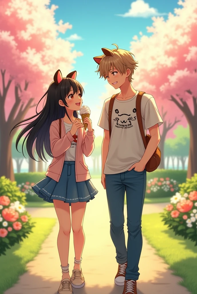 an anime man with brown-blonde hair and he is wearing a casual outfit and his girlfriend is an anime woman with long black hair and brown cute bear ears and she is wearing a casual but cute outfit and they are walking through a park and they are eating ice cream
