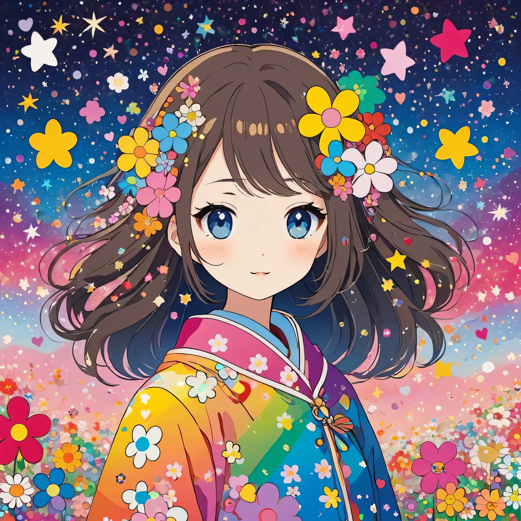 Takashi Murakami style, Simple Line Initialism,Abstract art,Kawaii Design, The most beautiful girl of all time, The background is star dust, colorful hearts, colorful flowers,