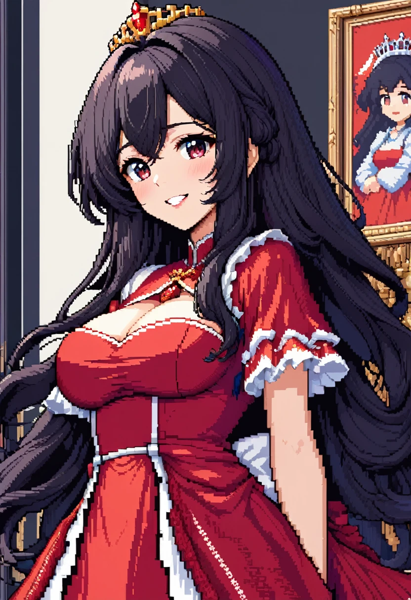 (16-bit pixel art, status screen style) (solo:2, 18 yo), (immensely beautiful sadist girl)(hime cut;1.6, beautiful black hair long hair) (beautiful smile) (glossy lip, grin mouth) (big tits), in a detailed master princess red dress, break, background white, BREAK, perfect anatomy, masterpiece, best quality, beautiful detailed 8-bit pixel, daydreaming expression.