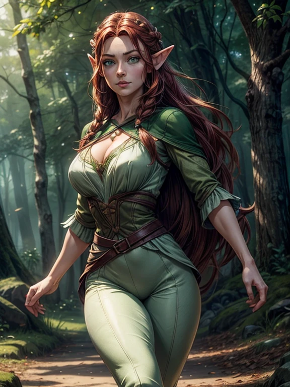 Tauriel, the woodland elf from The Hobbit movie, best quality, ultra-detailed CG unity 8k wallpaper, floating, high resolution, dynamic pose, beautiful face, pale white skin, dark red hair, braided, (green eyes:1.2, dark green tunic, brown sleeves, tight grey pants), depth of field, white forest, golden leaves, magic light), slim body, deep cleavage, tight bust, looking at viewer
