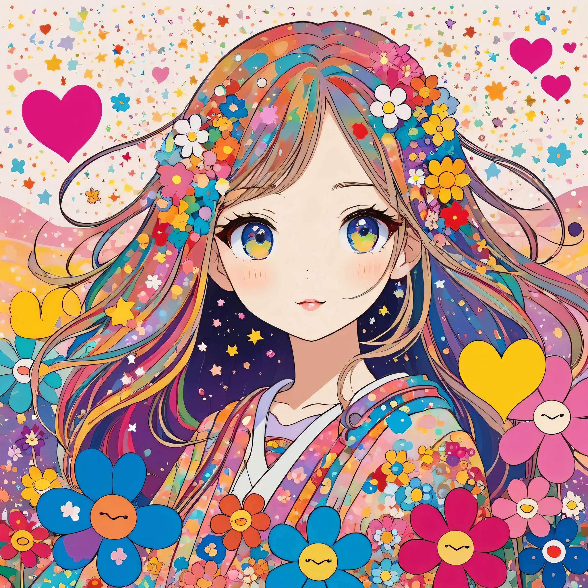 Takashi Murakami style, Simple Line Initialism,Abstract art,Kawaii Design, The most beautiful girl of all time, The background is star dust, colorful hearts, colorful flowers,
