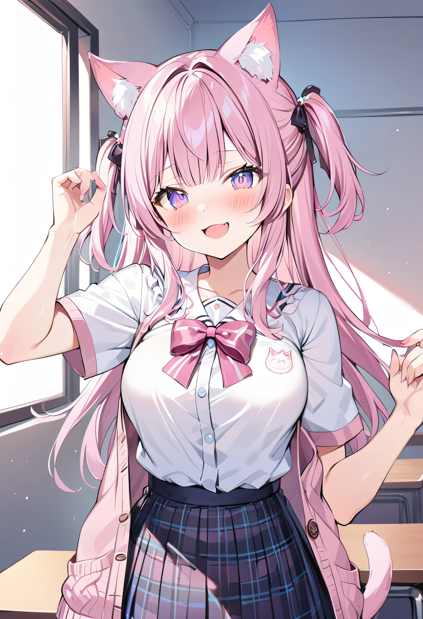 koyo_jk,two side up,short sleeve,cardigan,high res image,masterpiece,best quality,woman,cute face,clear skin,shiny hair,ultra detailed eyes,smile,class room,cat mouth, skirt, pink hair, animal ears, animal ear fluff, long hair, hair ornament, cardigan,open mouth, shirt, plaid, white shirt, bangs,tail