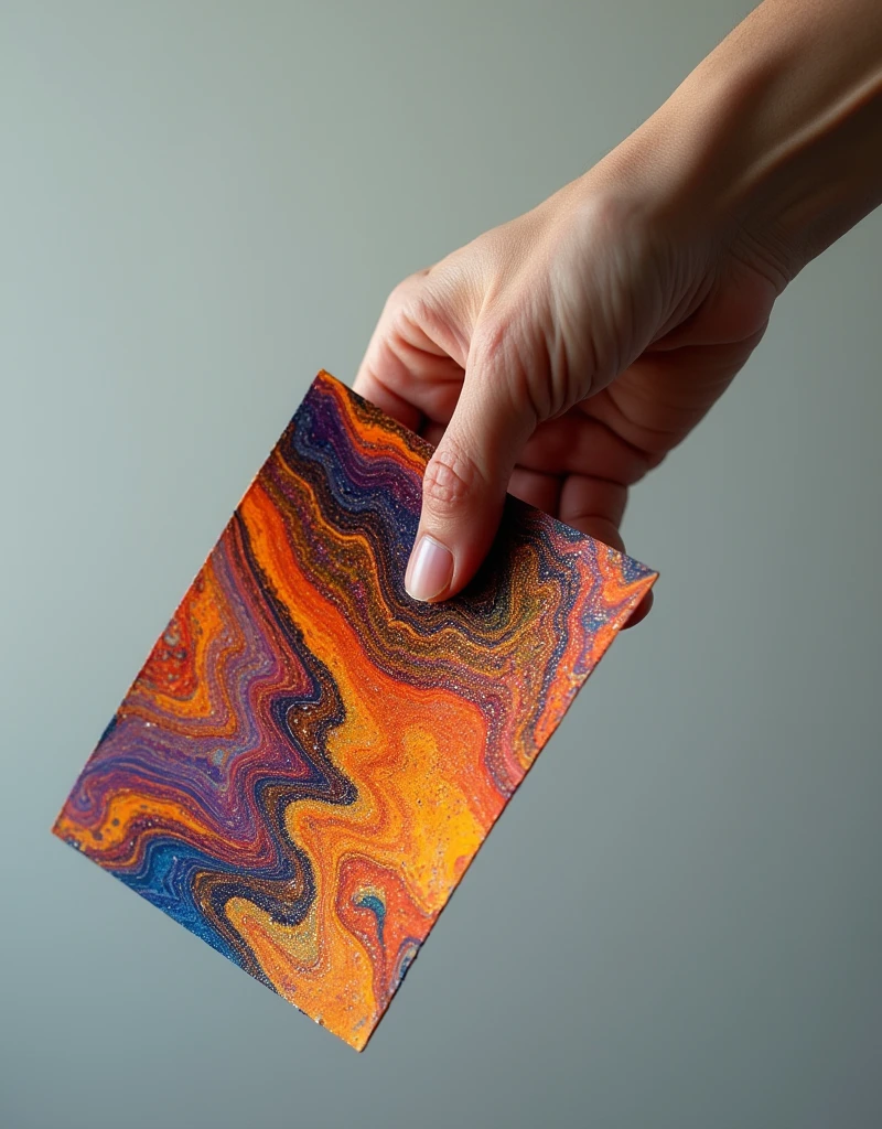 Detailed visualization of a human hand securely grasping a piece of glossy paper. The paper should illuminate vibrant colors and carry an intricate print design. To enhance the glossiness, light reflections or slight shimmer should be perceptible on the surface of the paper. The background should be minimalist, to put more focus on the hand and the brightly colored piece of paper.