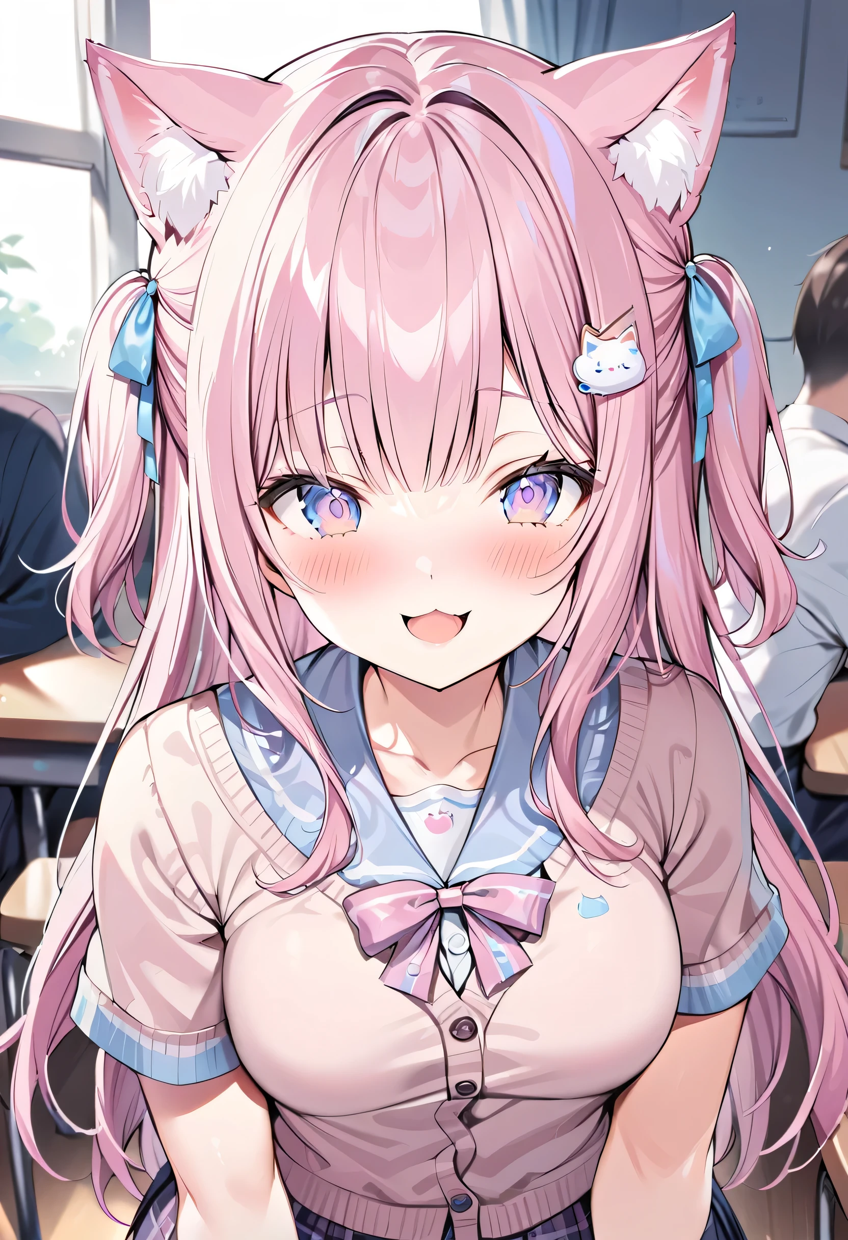 koyo_jk,two side up,short sleeve,cardigan,high res image,masterpiece,best quality,woman,cute face,clear skin,shiny hair,ultra detailed eyes,smile,class room,cat mouth, skirt, pink hair, animal ears, animal ear fluff, long hair, hair ornament, cardigan,open mouth