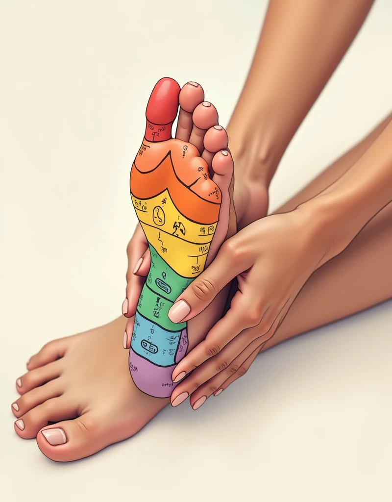 A close up, highly detailed illustration of a Caucasian hand performing plantar reflexology on a Middle Eastern person's bare foot. The fingers of the hand are applying pressure to specific points on the foot's sole. Along the image, overlay of a chart showing reflexology zones and their correspondence to different body parts can be seen. Colors are predominantly natural skin hues, while the reflexology chart can be in contrasting, attention-grabbing colors for clear visibility. The background is serene and neutral, creating a peaceful, healing environment.