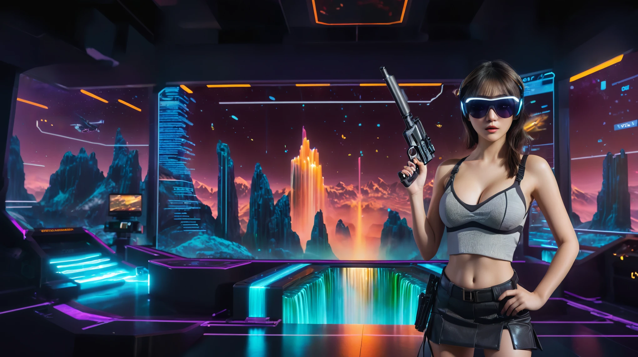 A futuristic sci-fi virtual battle field of war game, shooting range with moving targets, flying vehicle, neon waterfalls. High-resolution OLED GUI interfaces in the building, The windows are filled with transparent data visualization infographics that show it all, from weather patterns to traffic flow, Matrix cascading code. Colors are saturated and vibrant. At night, (1girl, solo), photo realistic, medium-breast:1.3 slim body, cleavage, sling top, miniskirt, (mini VR sunglasses, holding a short gun), half-body thigh level medium shot, cinematic lighting, ray tracing.