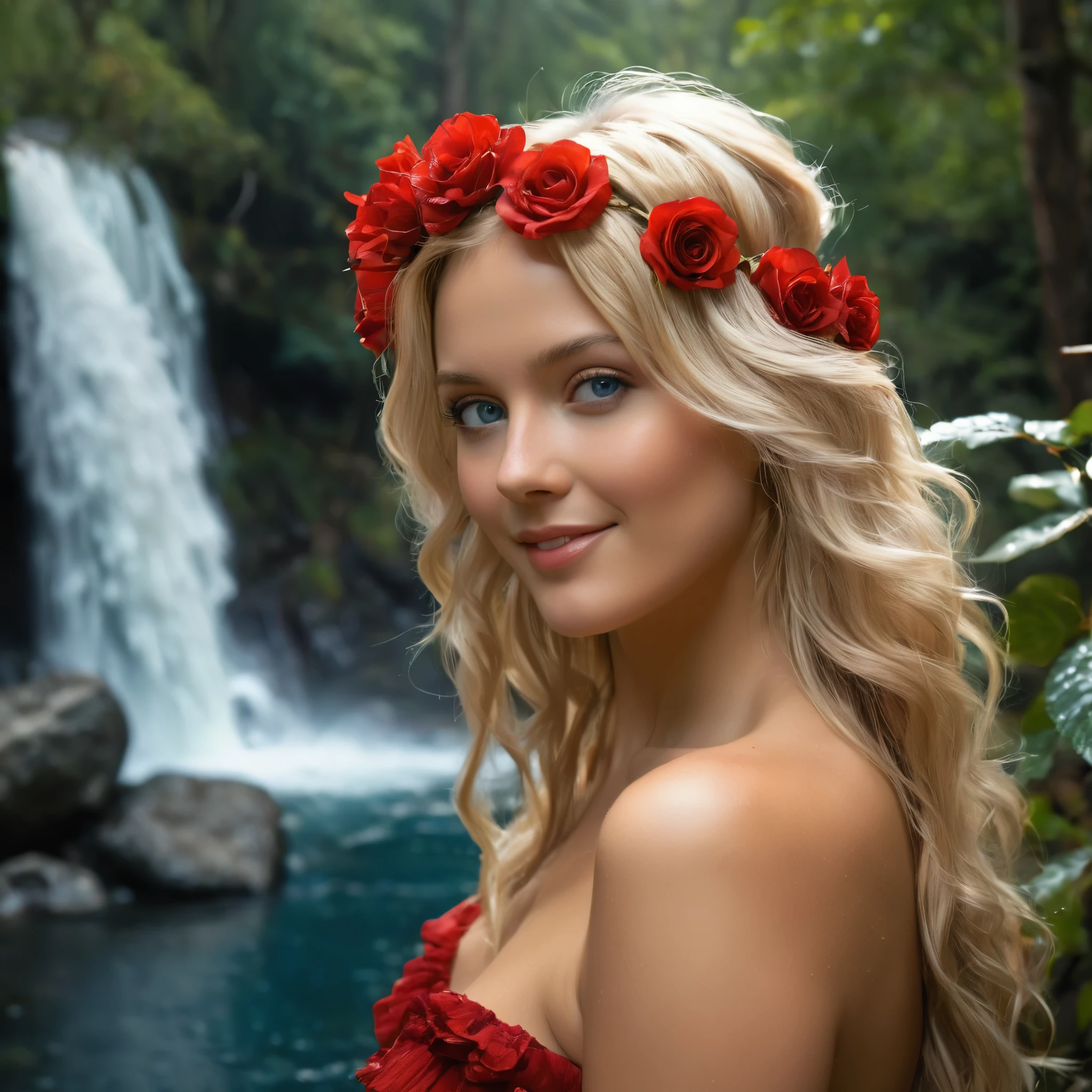 A beautiful red wood Forest waterfall, with a gorgeous blonde 38 years old, she is wearing a red flower in her hair, standing close to a waterfall, its a sunny day with wisps of white fluffy clouds in the sky, the forest has lots of yellow and red roses, she has blue eyes and a sensual smile, her skin is tanned, (photorealistic:1.4)(Ultra high resolution: 1.2), (reality: 1.2), (8K: 1.2), (detail, ultra high) like a scene from ancient times, Mystical, beautiful ambient lighting, intricate, realistic, studio quality, Captivating, Professional Studio Lighting, Expertly lit, The scene is filled with a sense of tranquility, magic, and natural beauty, transporting the viewer to a world of fantasy and wonder (best quality, high resolution)