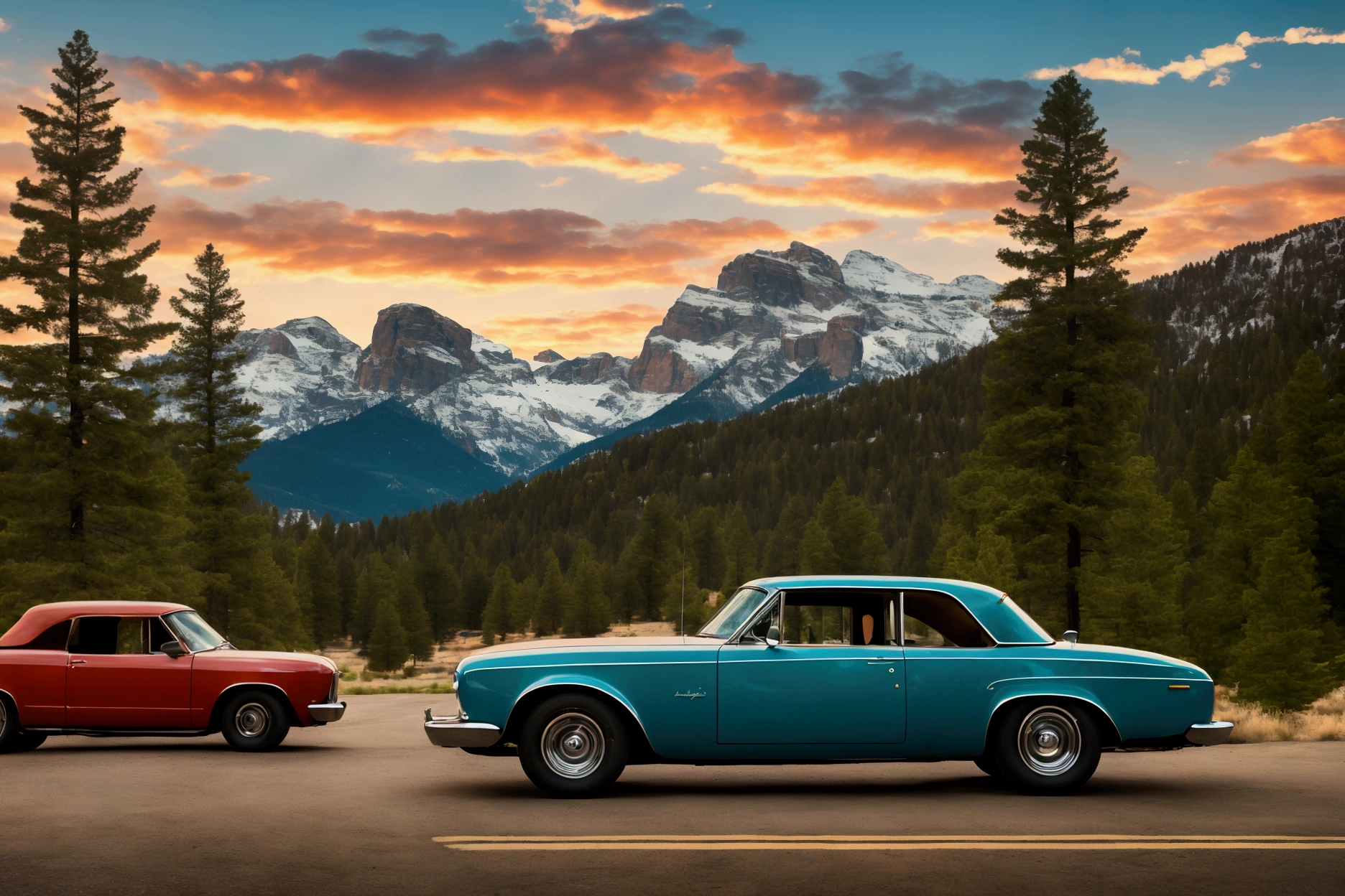 Create a retro-style travel poster. The poster should feature a scenic landscape with Ponderosa pine trees, a small-town main street with historic buildings, and a backdrop of mountains. Include people enjoying outdoor activities like hiking or picnicking. The overall color palette should include warm, inviting tones with a vintage feel. Camera and Settings: Use a Canon EOS 5D Mark IV with a 24-70mm f/2.8 lens. Settings: ISO 100, aperture f/8, and shutter speed 1/125s to capture a sharp, vibrant image with a wide depth of field. The poster should have a slight grain effect to enhance the retro aesthetic.