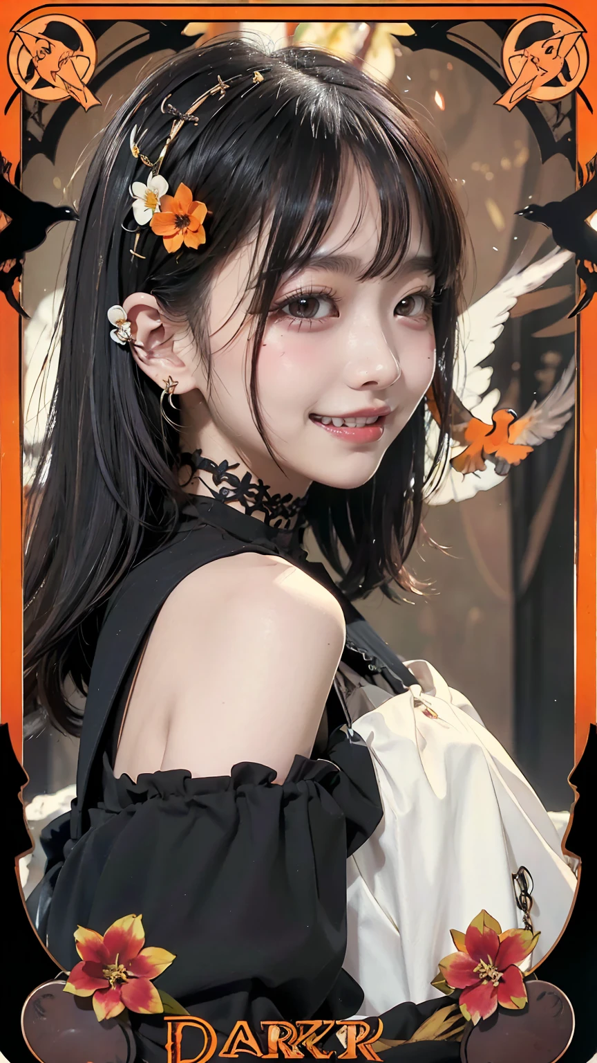 Realistic、masterpiece、Highest quality、Highest quality、Tarot Card Style、Background with colorful flowers and birds、One Woman、Devilish image、Upper body photo、Gothic punk costumes、(Black Hair, Long Hair:1.2)、Natural Makeup、Draw lots of eyelashes、Deep orange blush、profile、Grin, Showing teeth、cheeks turn a little red
