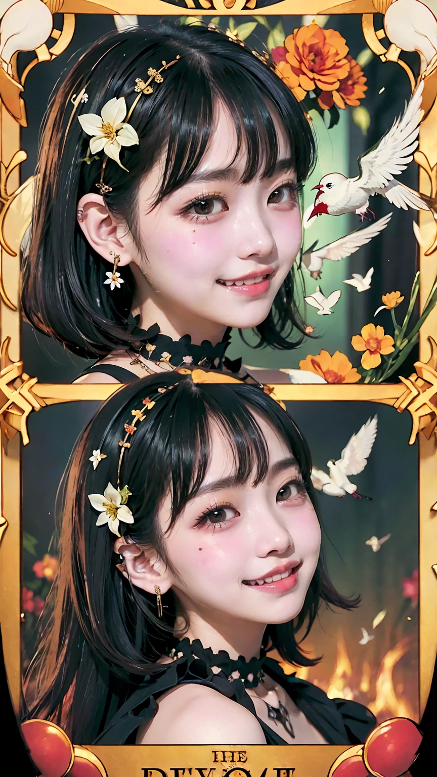 Realistic、masterpiece、Highest quality、Highest quality、Tarot Card Style、Background with colorful flowers and birds、One Woman、Devilish image、Upper body photo、Gothic punk costumes、(Black Hair, Long Hair:1.2)、Natural Makeup、Draw lots of eyelashes、Deep orange blush、profile、Grin, Showing teeth、cheeks turn a little red