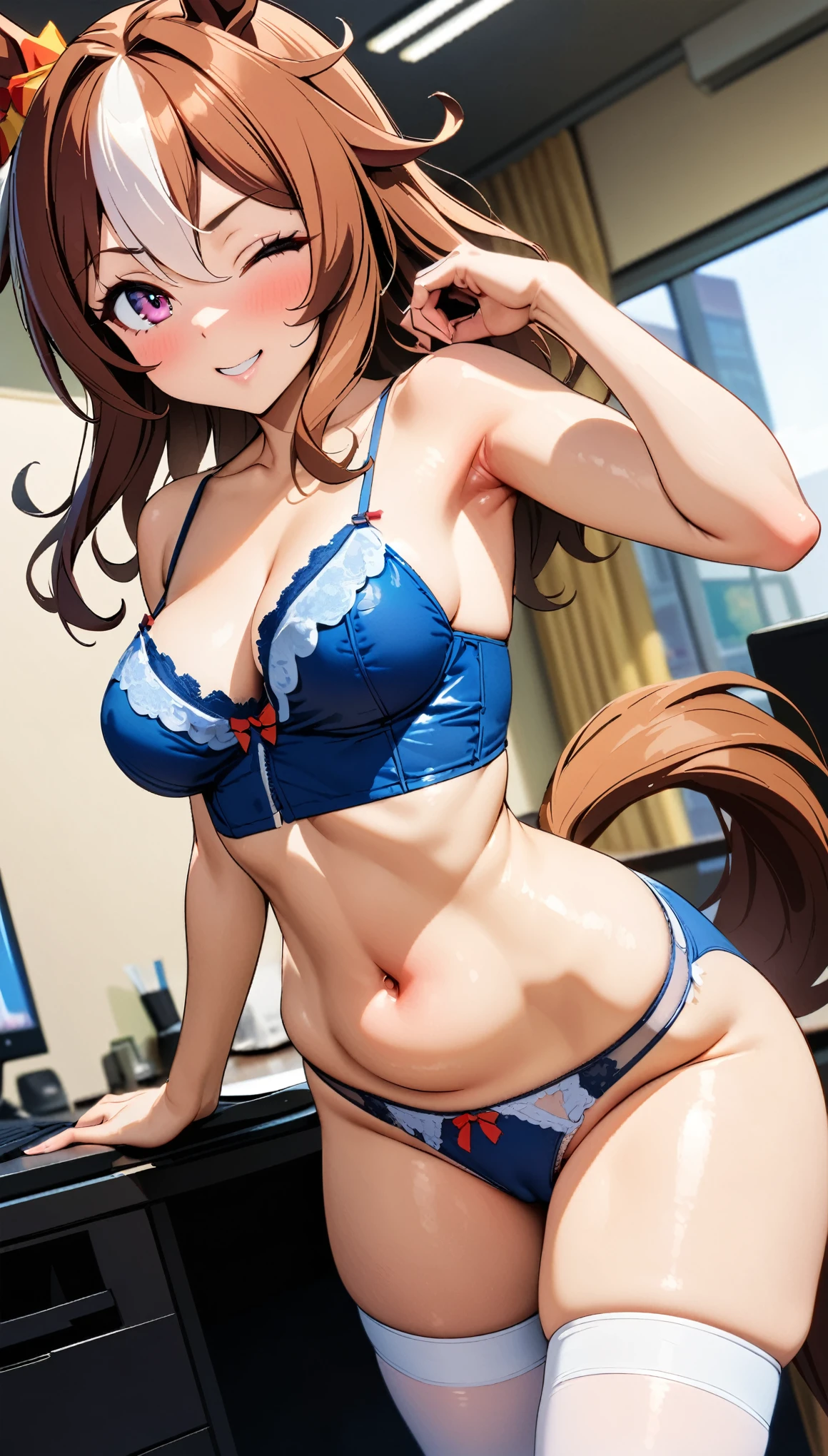 [[One person, Copano Ricky \(umamusume\), umamusume]], Beautiful attention to detail, Close one eye, ((indoor, office, living room),  Curvy, thin, Medium breast, Normal chest, (Thigh-high socks), (Cleavage) , (Sexy pose), (Seductive pose), (Crop Top Belly Button), ((panties), (good), (In underwear), (Flashy underwear), (lingerie))), (Close-up shot), Slender body,Dynamic Angle, Highest quality, Very detailed, masterpiece, Ultra-high resolution, 8k, Nipples, ((Horse tail)), Camel Toe, smile