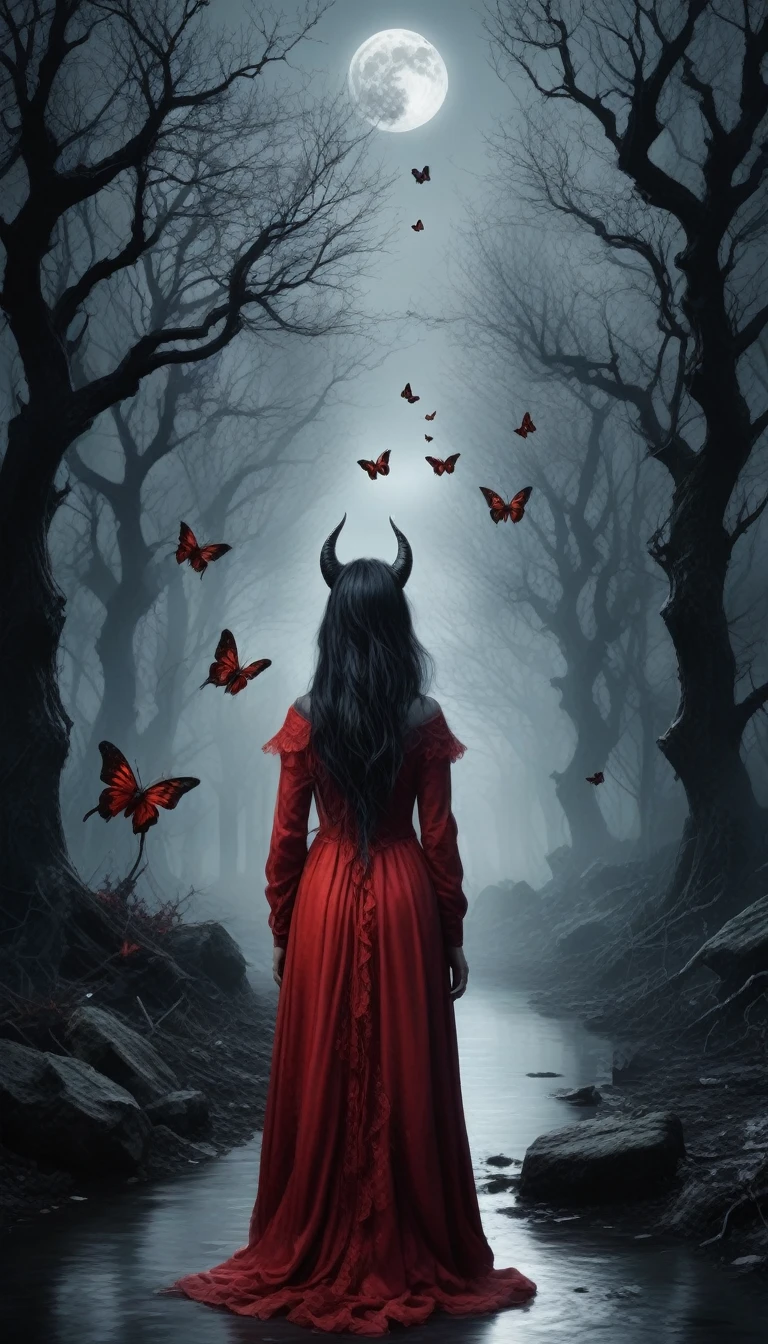 (HD wallpaper),(orc:1.5),(devil theme:1.5),(dark horror theme:1.5),(thriller:1.5),(inspiration from Stephen King:1.5),(dark fantasy:1.5), (ink and watercolor painting:1.5), (black and white color:1.5), 8k, 4k, (landscapes:1.5),(A large number of butterflies faries fly towards the viewer:1.5),(ruined:1.5),(ruined village:1.5),(1800s:1.5), (ruined theme:1.5),(lots of flying butterflies faries :1.5),(puddle:1.5),(Unpaved roads:1.5),(absurderes:1.5),(fantastic:1.5),(best quality:1.5),(masterpiece:1.5),full body length,Quartz Manganite babygirl in red dress,pretty face,eyebrow up,full body shot,ominous landscape,Fluorite Wulfenite atmosphere,by art Simon Stalenhag,Nicola Samori,(((Wangechi Mutu))),prime colors,urban,extremely detailed,masterpiece,intricate details,faded,eyes extremely detailed, high detailed eyes,4k resolution,RAW, Nikon Z9,scary town,full body length,evil ghost, Winnie-the-Pooh Iridescent,intricate details,,orc,Stone Forest in Yunnan Province of China,best quality, ultra-detailed, realistic, portraits, dark and eerie atmosphere, glowing eyes, ethereal presence, hauntingly beautiful, ghostly figures, swirling mists, supernatural entities, demonic essence, shadowy forms, eerie whispers, sinister aura, hauntingly pale skin, dark and twisted branches, flickering candlelight, macabre elements, mysterious and enigmatic, spectral apparitions, gothic art style, hauntingly captivating, spectral realm, hauntingly melancholic, otherworldly beauty, ethereal glow, hauntingly haunting, chilling and atmospheric, eerie and ominous lighting night mood, background palace, full moon, tree branches.