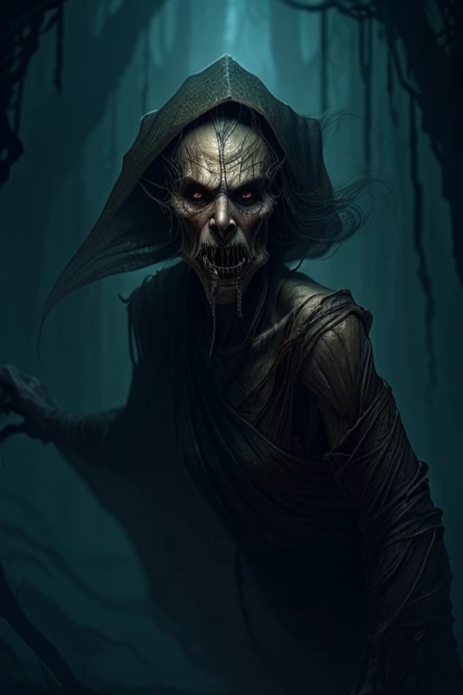 Create an intensely eerie and terrifying image of a malevolent spirit in the form of an old woman. She is ancient, with deeply wrinkled, ashen skin, and her face is twisted into a cruel, sinister expression. Her eyes are hollow and dark, filled with malice, and her thin, wispy hair is unkempt, cascading down her shoulders in tangled strands. The most unsettling feature is her enormous, grotesque lips—disproportionately large, with cracked, dry skin and a menacing sneer that reveals yellowed, jagged teeth. She wears tattered, dark robes that flow around her like shadows, and her bony, claw-like hands reach out as if to grasp her next victim. The overall atmosphere should be chilling and malevolent, capturing the essence of a vengeful, evil spirit with a horrifying presence.