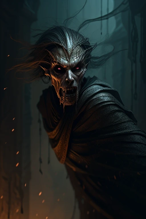 Create an intensely eerie and terrifying image of a malevolent spirit in the form of an old woman. She is ancient, with deeply wrinkled, ashen skin, and her face is twisted into a cruel, sinister expression. Her eyes are hollow and dark, filled with malice, and her thin, wispy hair is unkempt, cascading down her shoulders in tangled strands. The most unsettling feature is her enormous, grotesque lips—disproportionately large, with cracked, dry skin and a menacing sneer that reveals yellowed, jagged teeth. She wears tattered, dark robes that flow around her like shadows, and her bony, claw-like hands reach out as if to grasp her next victim. The overall atmosphere should be chilling and malevolent, capturing the essence of a vengeful, evil spirit with a horrifying presence.