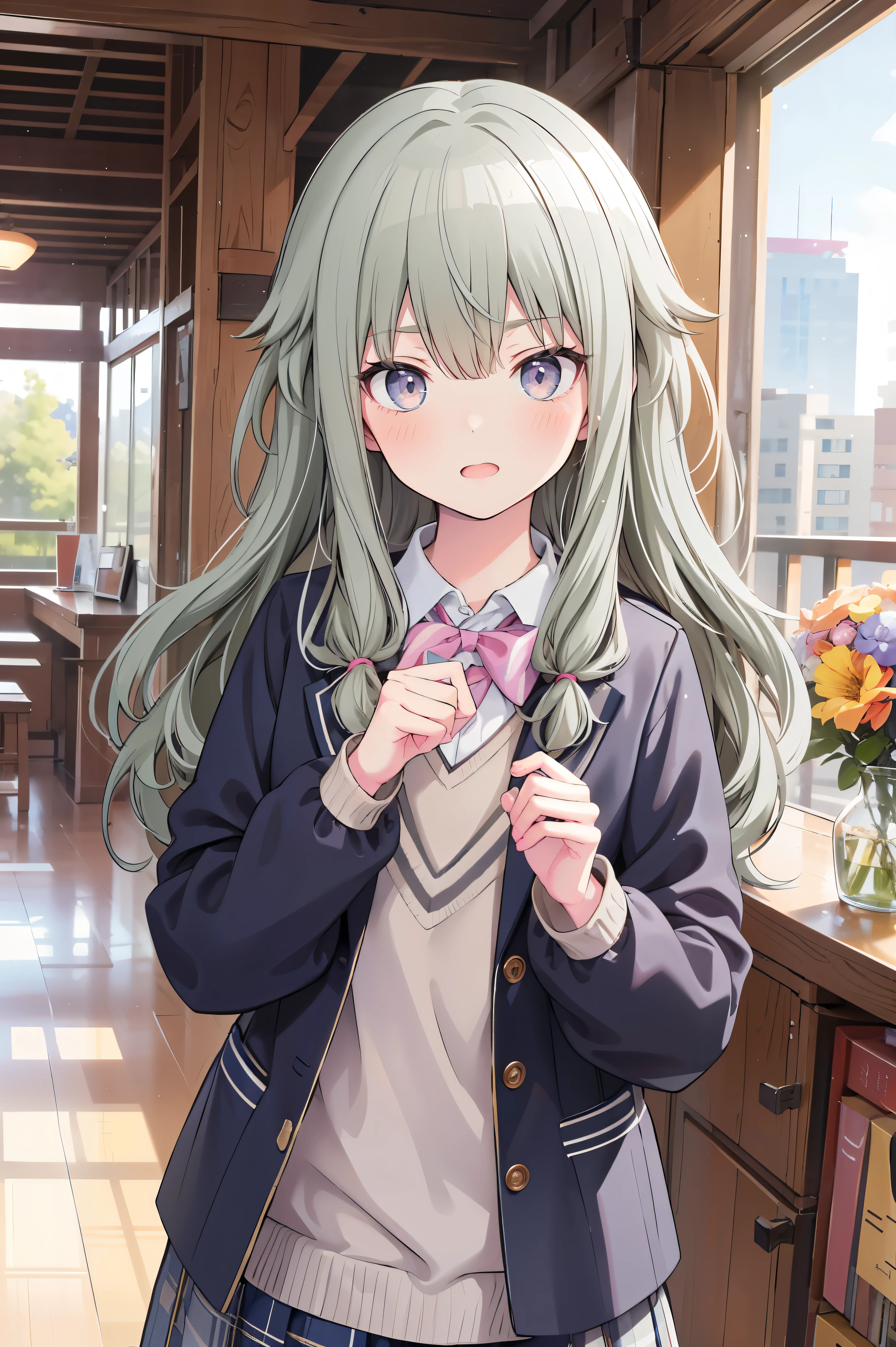 (8k, 最high quality)、Ultra-high resolution、adorable、最high quality, beautiful, (((Absurd beauty)))、school uniform、blazer、high quality、Shiny Hair、Very fine and beautiful bright eyes、Medium chest、nose blush、Very detailed, clear and beautiful face, Awards, (Anatomically correct)