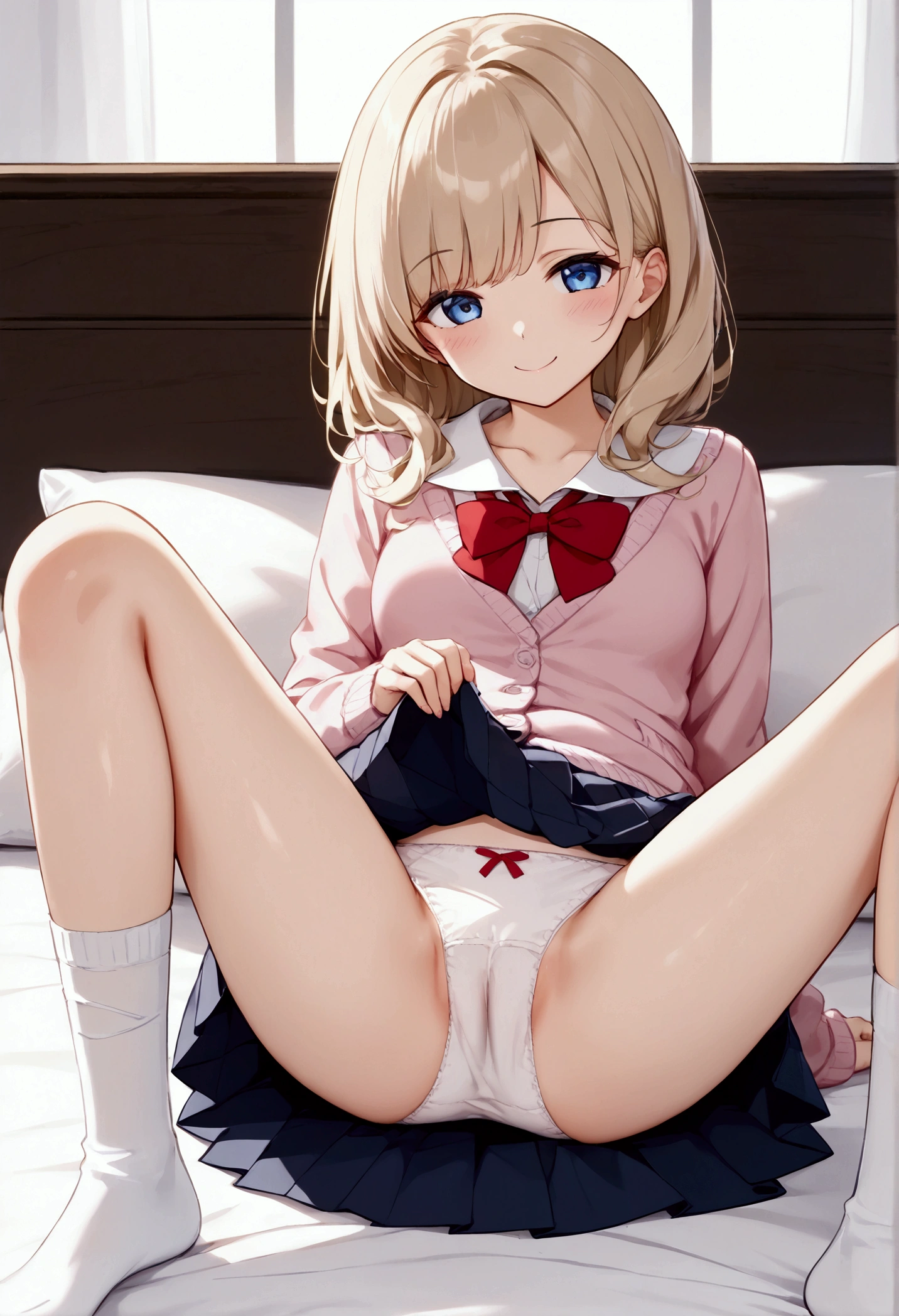 Highest quality, High resolution, masterpiece:1.2, Very detailed, woman1people、cute、blouse、Pleated skirt、Red ribbon、Small breasts、Beige hair、Very young、bed、(Pink Cardigan)、smile、Straight medium hair、White socks、((Sitting with Knees Up))、(((Skirt Lift)))、 ((spread legs))、(((White panties)))、Lace panties、Pussy line