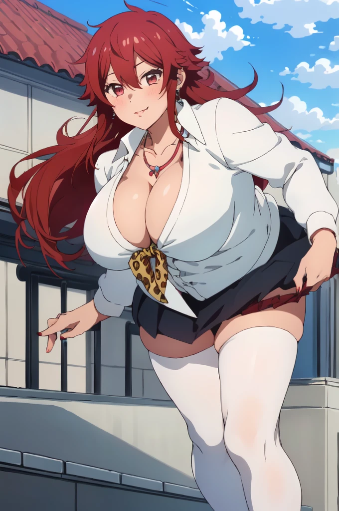 ((best quality)),((highly detailed)),masterpiece,absurdres,detailed face,beautiful face,(detailed eyes, deep eyes),1girl, Tomo, , solo, red eyes, short skirt , sky, day, cloud, pleated skirt, leopard print panty, School rooftop, looking at viewer, open clothes, standing, loose white shirt showing cleavage, Gyaru, Big breast, tanned skin, Glossy lips, a lot of earpierce, Necklace,Bracelet, Half eyes expression, Smirk, feminim,1girl,Solo,Spouty mouth,Big hair,Heart shaped emotion,Bored expression,Thick lips,colored Long nail,Stylish wavy hair,Celeb wavy hair,Tight tights,Plump,Curvy figure,thick wavy top knot ponytail,H cup,Gyaru rings,Big bouncy breast,Curvy figure,Half eyes open expression,((long sleeved green colored Sweeter v neck school uniform )),cleavage,Spouty mouth expression,1hand in hips,1hand in cheek,Solo,Leopart print hairtie,slut expression