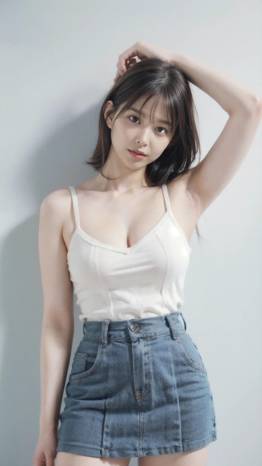 ((1girl)), woman, masterpiece, best quality, highest quality, cinematic lighting, (volumetric lighting), extremely detailed CG unity 8k wallpaper, focused, 8k wallpaper, extremely detailed, ultra realistic, photorealistic, sharp focus, absurdres, (HDR:1.2), (high contrast), photograph, detailed and intricate, instagram, portrait, highly detailed, digital painting, artstation, concept art, smooth, sharp focus, illustration, cinematic lighting, (big breast:1.3), (((skinny, slim legs))), (japanese idol posture), (knit strap tanktop, mini skirt, open shoulder, open chest, cleavage), looking at the viewer, ((arms up)), ((Medium body shot, hip level shot)), long hair, ((leaning on a wall)), beautiful eyes.