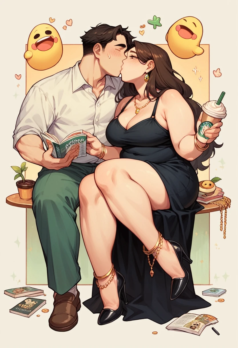Chubby thic mature pregant japanese wife, brown long hair, Brown eyes, black sexy dress, sitting in a Starbucks kissing tall man, smiley expression,reading a magazine, high heels, Golden chain anklet