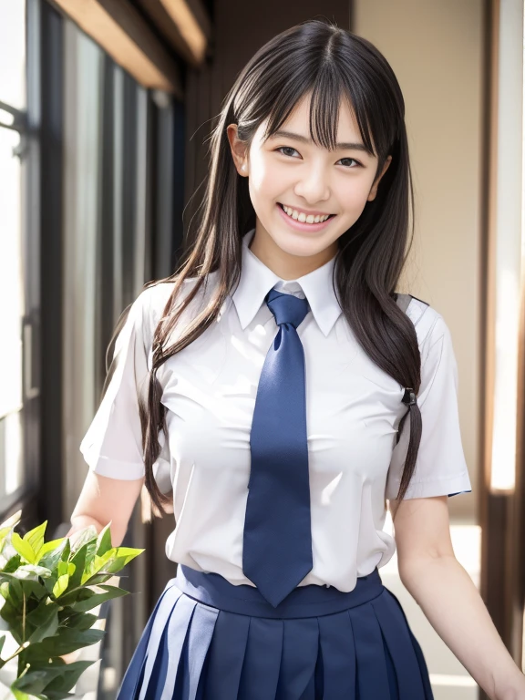 A woman in uniform is holding a plant., 超Realistic school girl, 超Realistic school girl, Realistic Young Gravure Idol, Wearing a Japanese uniform, Young and cute gravure idol, Young Sensual Gravure Idol, Realistic school girl, Japanese School Uniform, Japanese Model, Young Gravure Idol, Teasing Smile, A slightly cute smile, Japanese Goddess, An innocent smile