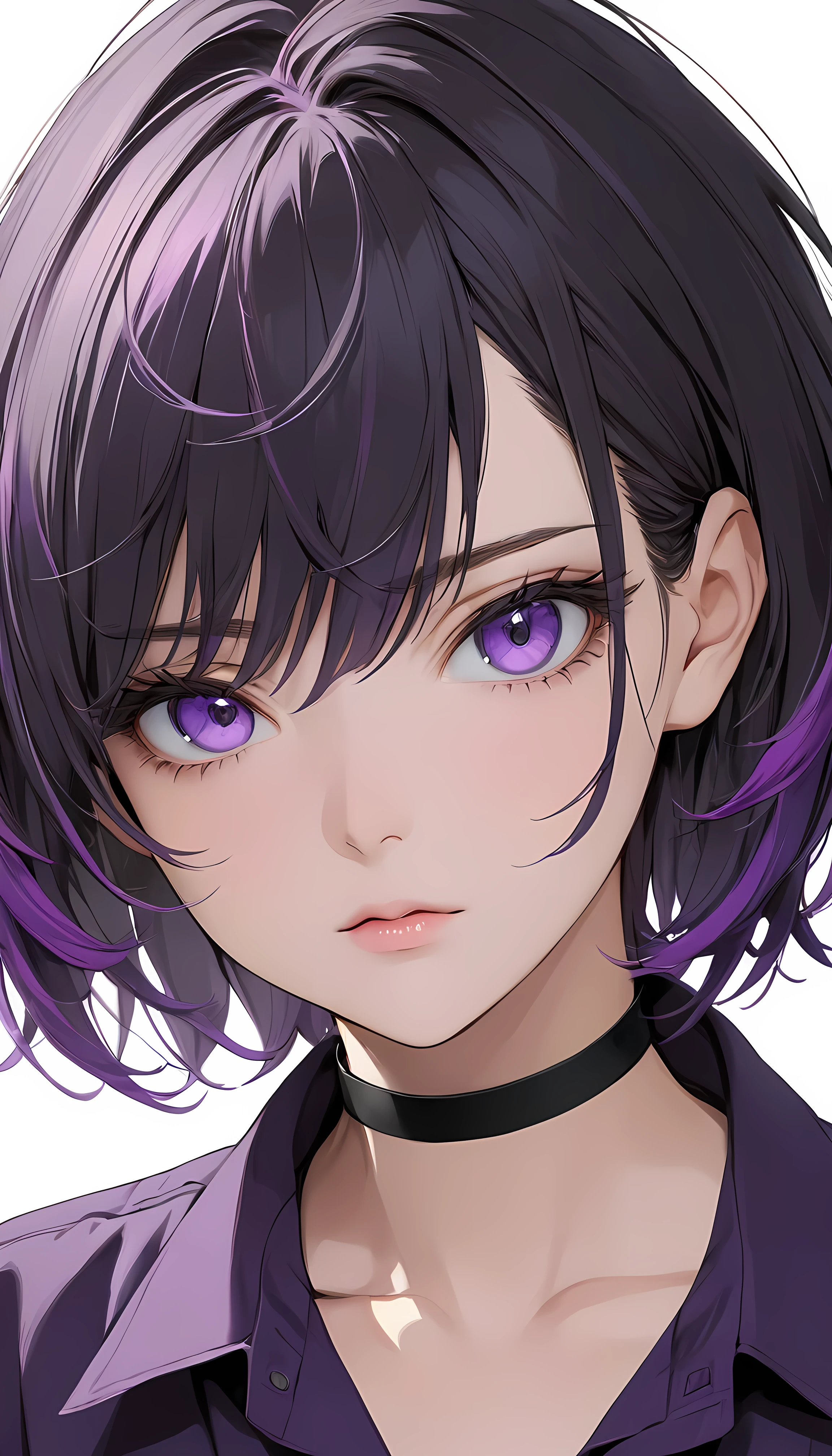 High-resolution anime digital art, Masterpiece, upper body, tomboy, mature, sexy, smart, short hair color pitch black, real detail eyes pupil purple, long purple plain shirt, black chokers, flat face (simple background, white background)