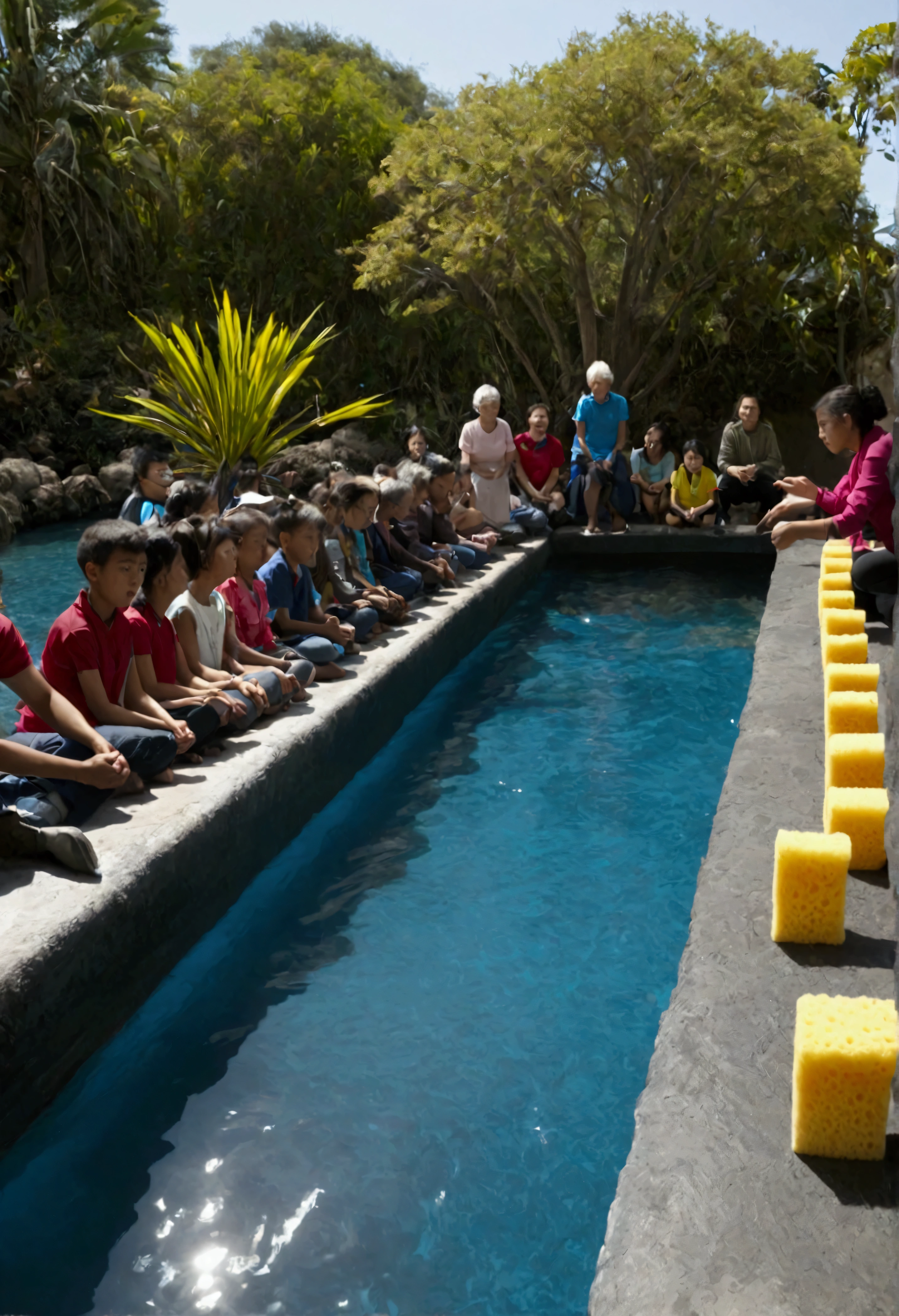 Water sponge passing game
Participants line up sitting backwards, the water sponge is passed from the person in front to the back
