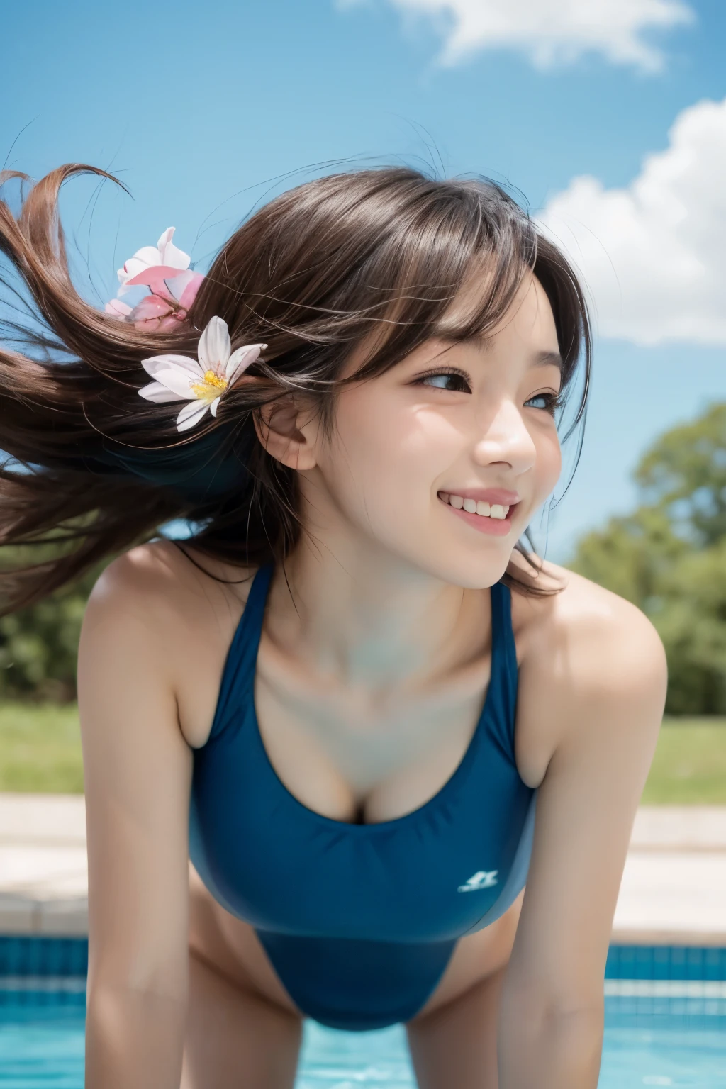 So cute and beautiful,(Very exquisite beautiful face and eyes),(Blue school swimsuit),
Are standing,Poolside,Small colorful flowers blooming in the meadow,
(smile),View your viewers,Black Hair,Cowboy Shot,
(Highest quality,masterpiece:1.0),Absurd,High resolution,Very detailed,Very detailed,32K,
Movie Scenes,Detailed Background,alone,Dynamic Angle,
Hair blowing in the wind,Beautifully detailed skies,