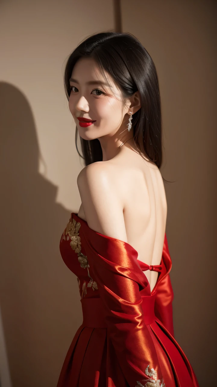 Three-quarter front view of the upper body,Capturing a 28-year-old woman,Black straight hair cascading down to her shoulder blades,Paired with a red off-the-shoulder dress,The skirt adorned with delicate golden embroidery,Appearing both passionate and mysterious。A faint yet confident smile gracing her face,A touch of red lipstick echoing the color of her dress,Showcasing the allure of maturity。Hands naturally clasped in front of her chest,Simple silver jewelry sparkling under the lights with understated elegance,The overall composition exuding a regal and reserved aura of a confident woman.,A backdrop of an abstract artwork,Adding an artistic vibe。