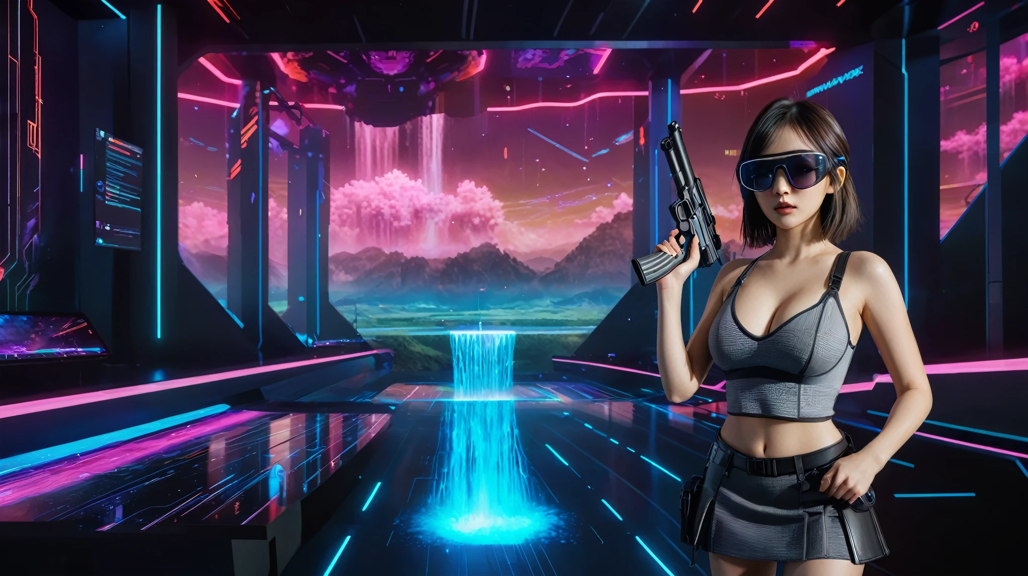 A futuristic sci-fi virtual battle field of war game, shooting range with moving targets, flying vehicle, neon waterfalls. High-resolution OLED GUI interfaces in the building, The windows are filled with transparent data visualization infographics that show it all, from weather patterns to traffic flow, Matrix cascading code. Colors are saturated and vibrant. At night, (1girl, solo), photo realistic, medium-breast:1.3 slim body, cleavage, sling top, miniskirt, (mini VR sunglasses, holding a short gun), half-body thigh level medium shot, cinematic lighting, ray tracing.